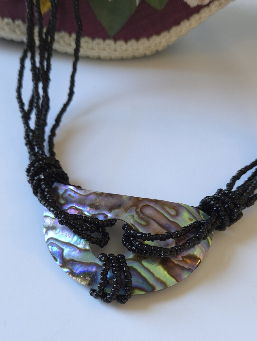 Handmade Genuine Abalone Shell & Black Seed Beaded Necklace
